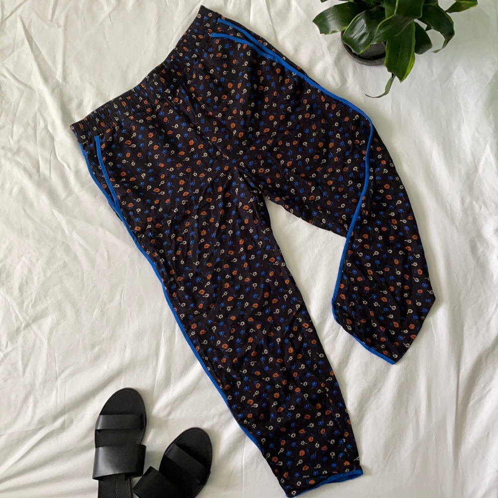 Madewell Black Floral Track Pants with Blue Trim